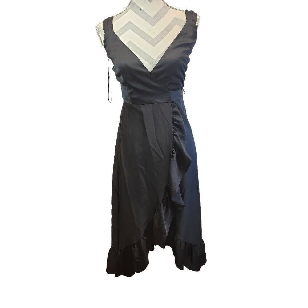 Blue Rain Black Sleeveless Ruffle Wrap Dress Size S J7